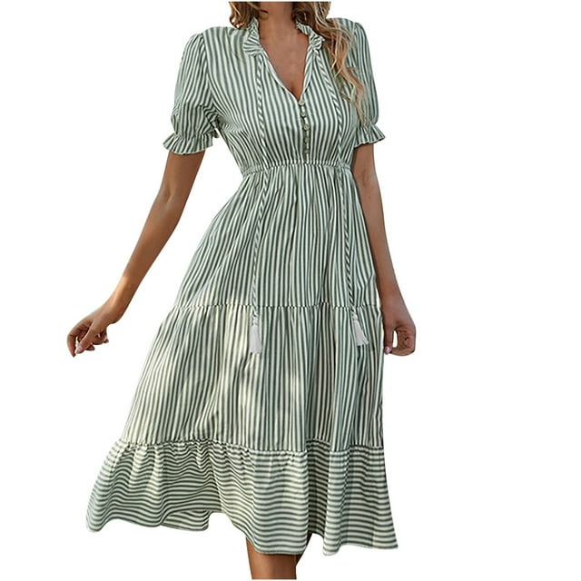 QUYUON Robes Midi pour Femmes à Rayures Imprimées avec Volants, Boutons devant, Robe à Cordon, Nœud en V, Manches Courtes, Plissée, Ligne A, Robe Longue Fluide, Style d'Été de Plage D-3587 Vert TG