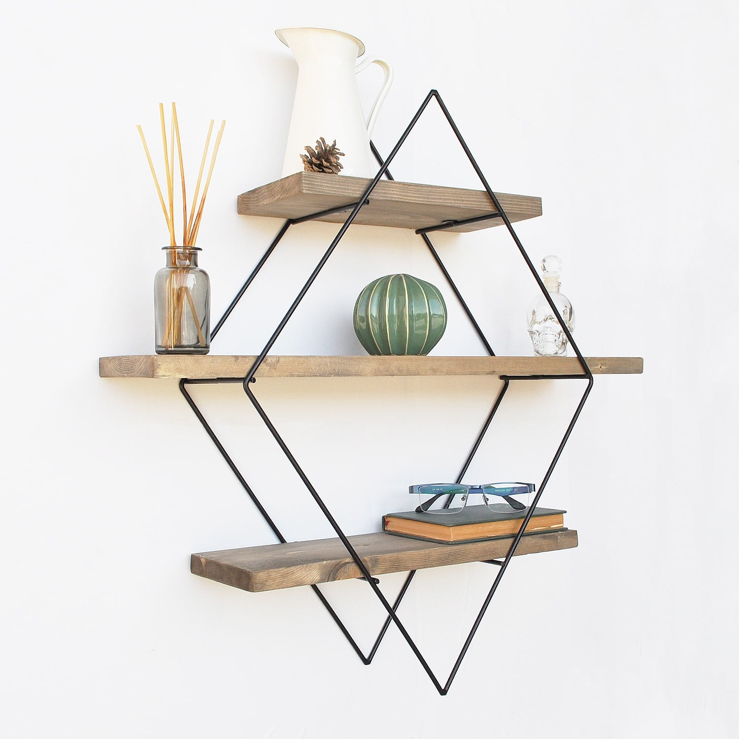 Set 2 Modern Black Geometric Metal Wire Retro Wood Effect Shelf Shelves 