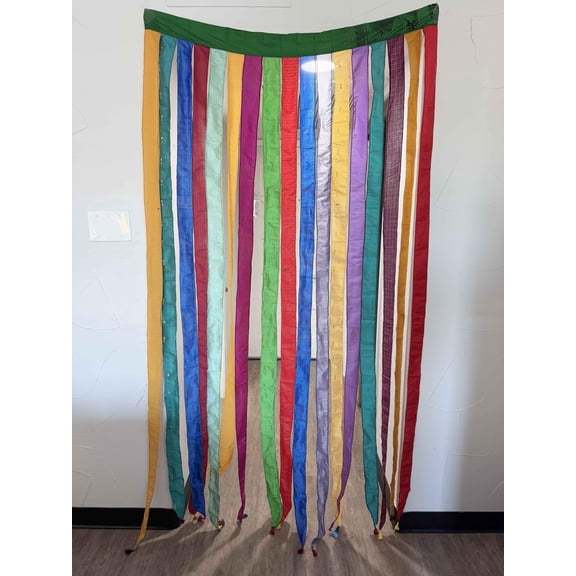 Maker's Craft Sari Silk Vintage Multicolor Ribbon Curtain Drapes 85'' x 45'' Inches with Colorful Tassels Boho Curtains Rod Pocket for Livingroom and Bedroom