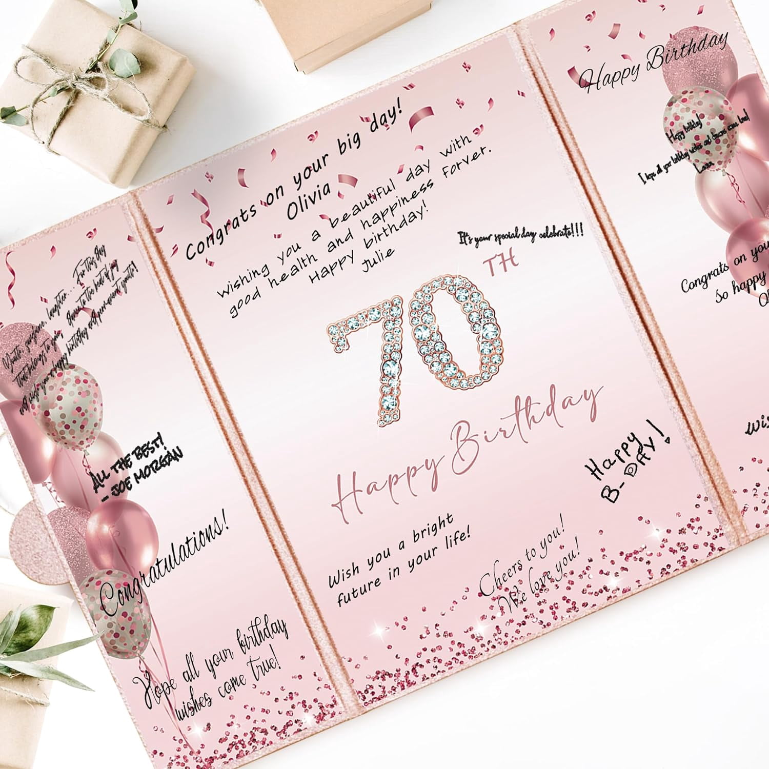 Rose Gold 70th Birthday Party Decorations, Happy 70th Birthday Alternative Signature Guest Book for Women Pink Cheers to 70 Years Old Gifts 70 Birthday Signing Card Board Party Supplies