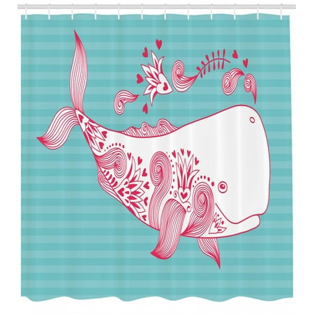 Whale Shower Curtain Cute Big Fish Swimming And Floral Marine