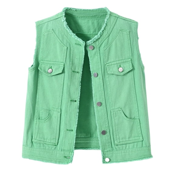 RoamHome Women's Sleeveless Denim Vest Crew Neck Raw Hem Multi - Pocket Button Front Casual Jean Vest for Spring Summer Autumn Daily Wear