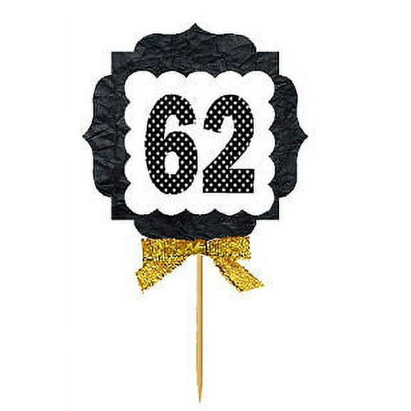 62nd Birthday / Anniversary Gold Ribbon Hand Crafted Novelty Cupcake Decoration Toppers / Picks -12ct