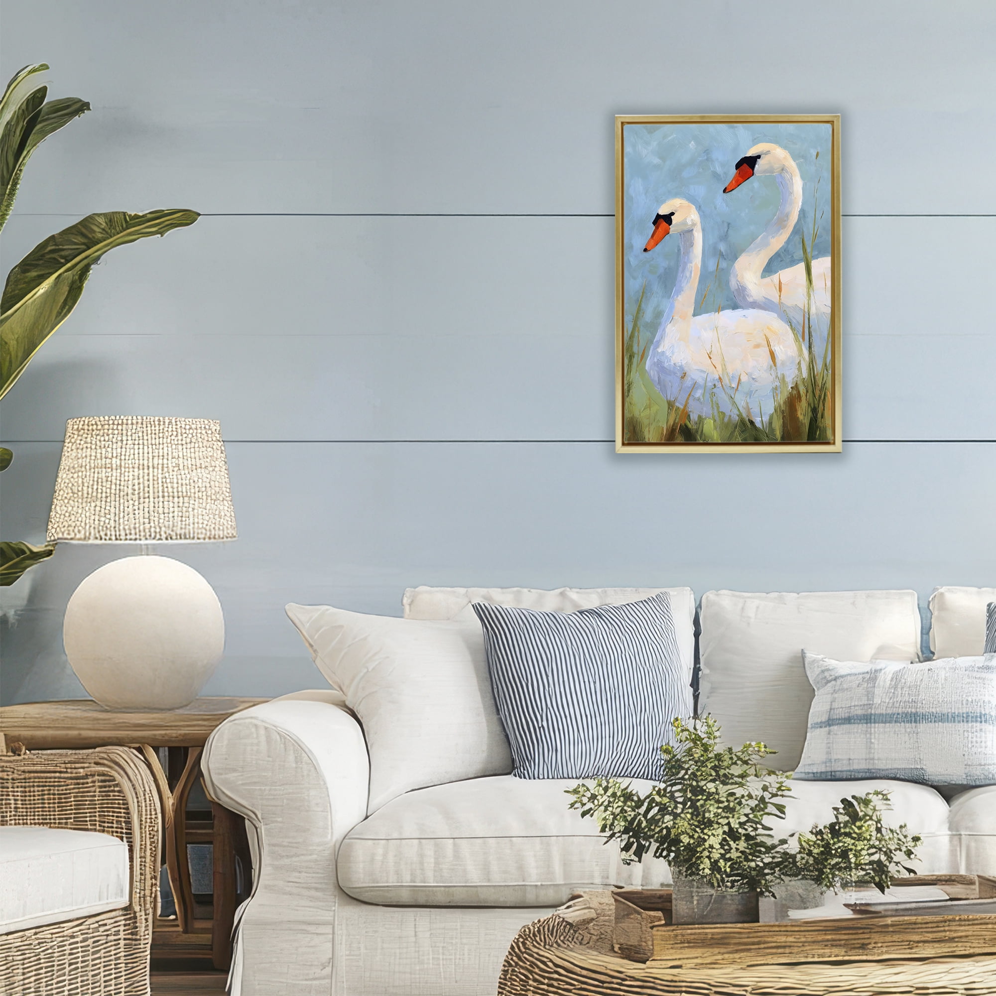 Stupell Industries Long Necks Swan Pear Gold Framed Floater Canvas Wall Art, design by Petal Prints Design