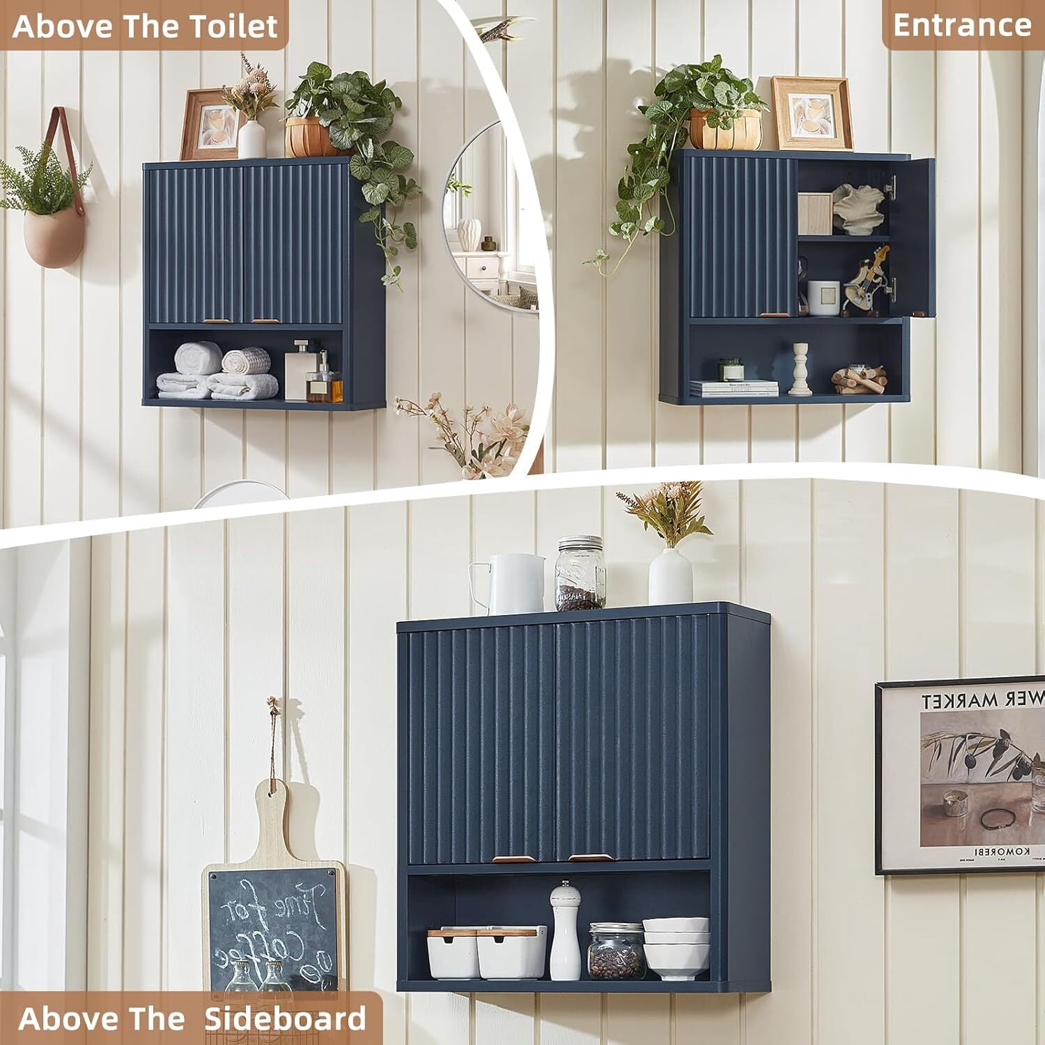 Leyaoyao Fluted Bathroom Cabinet Wall Mount, Adult Medicine Cabinet Storage Organizer with Doors and Adjustable Shelves, Navy