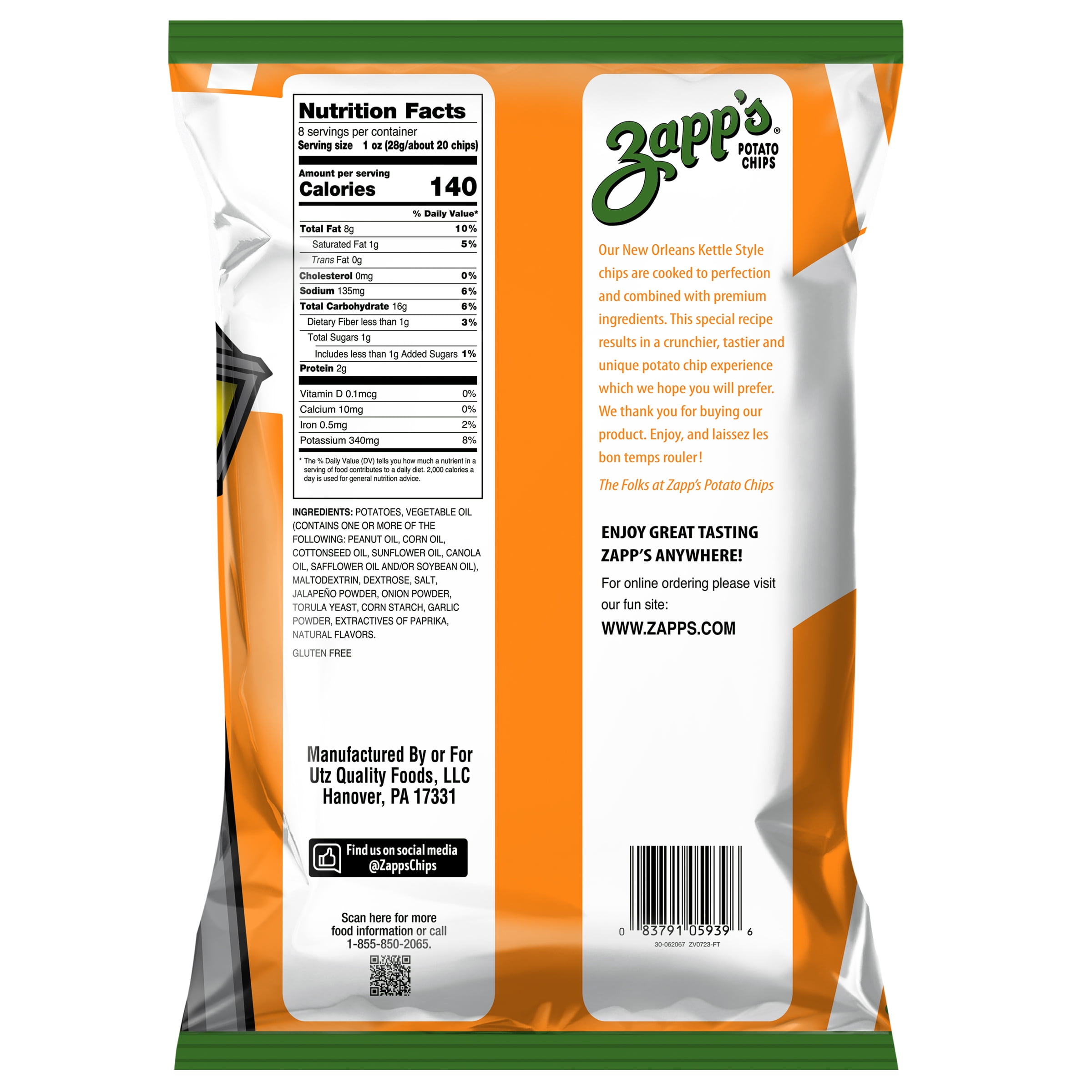 Zapp's New Orleans Kettle Style Hotter 'N Hot Jalapeño Potato Chips, 8 oz. - Pack of 9