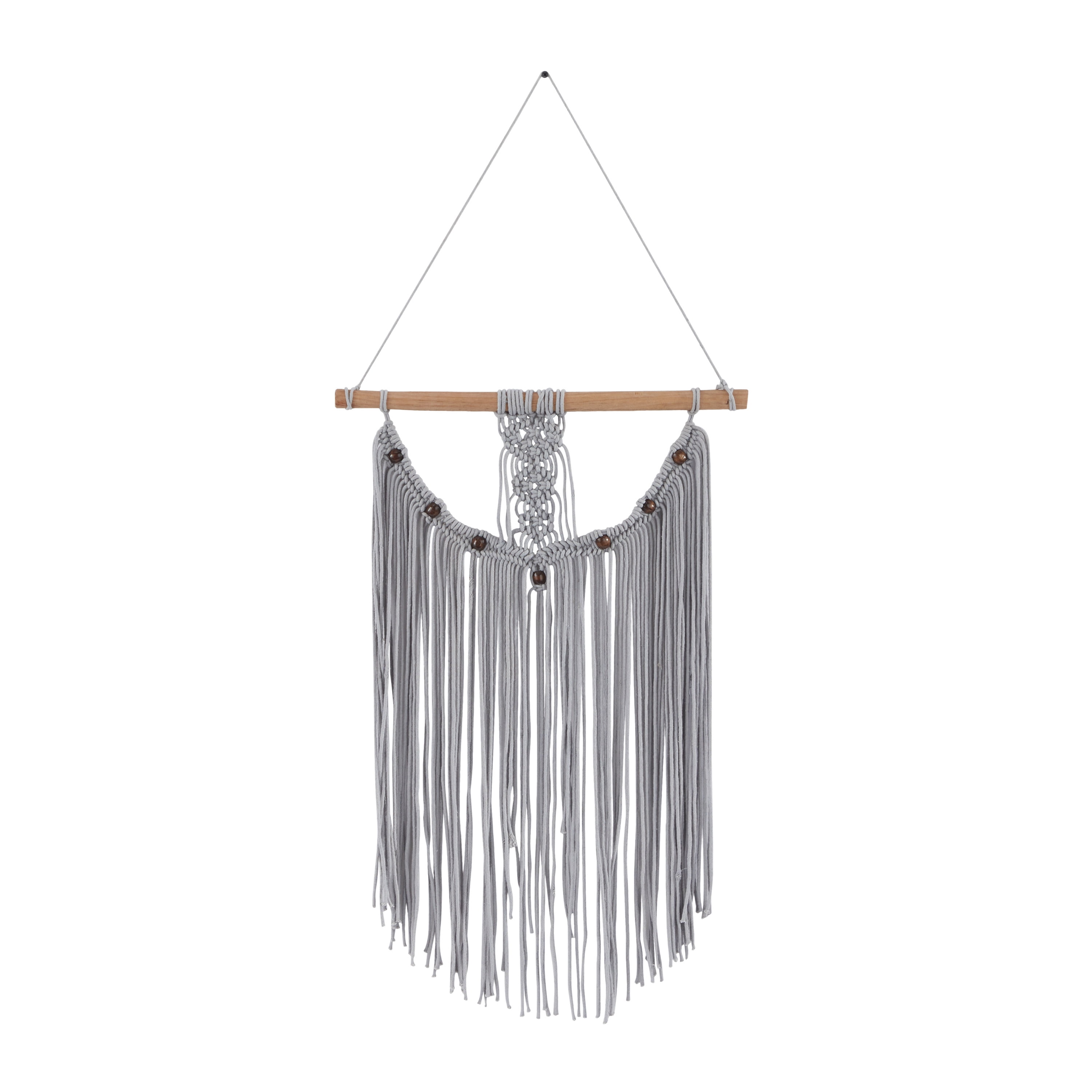 DecMode Gray Cotton Intricately Weaved Macrame Wall Decor with Beaded Fringe Tassels