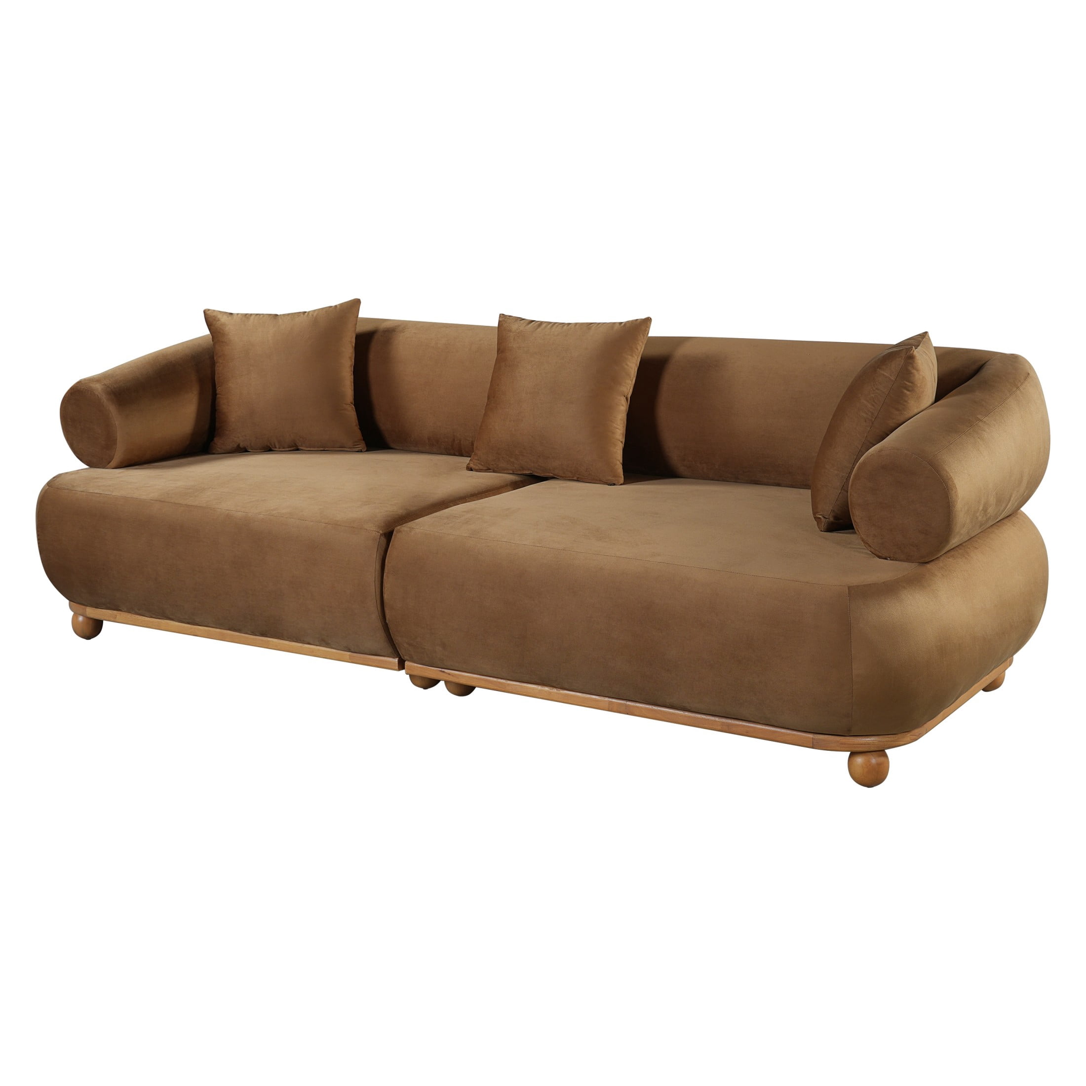 Christopher Knight Home 89.3" Modern Velvet Sofa with Throw Pillows, 3 Seats, Solid Wood Base, Khaki
