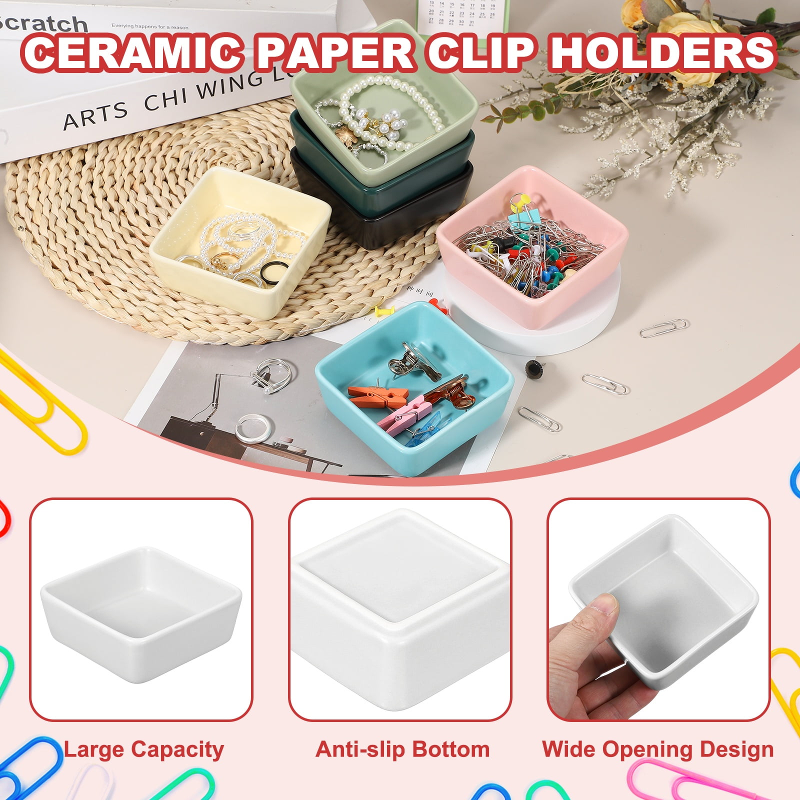 Uxcell Square Paper Clip Holders, 2 Pcs Ceramic Clip Dispenser Organizer Desk Organizer Accessories for Office Desktop Decor Bobby Pin Binder Paper Clamp, White