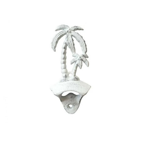

Rustic Whitewashed Cast Iron Wall Mounted Palmtree Bottle Opener 6 - Antique Bottle Opener - Beach Decorating