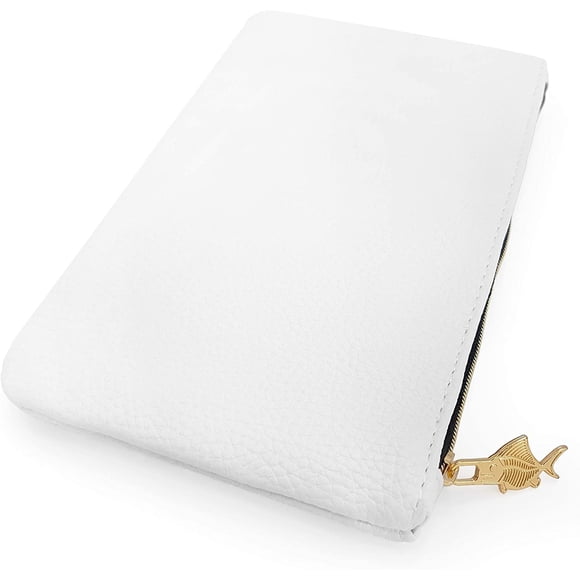Faux Leather Pencil Case - Leather Look Makeup Bag - White with Gold Zip