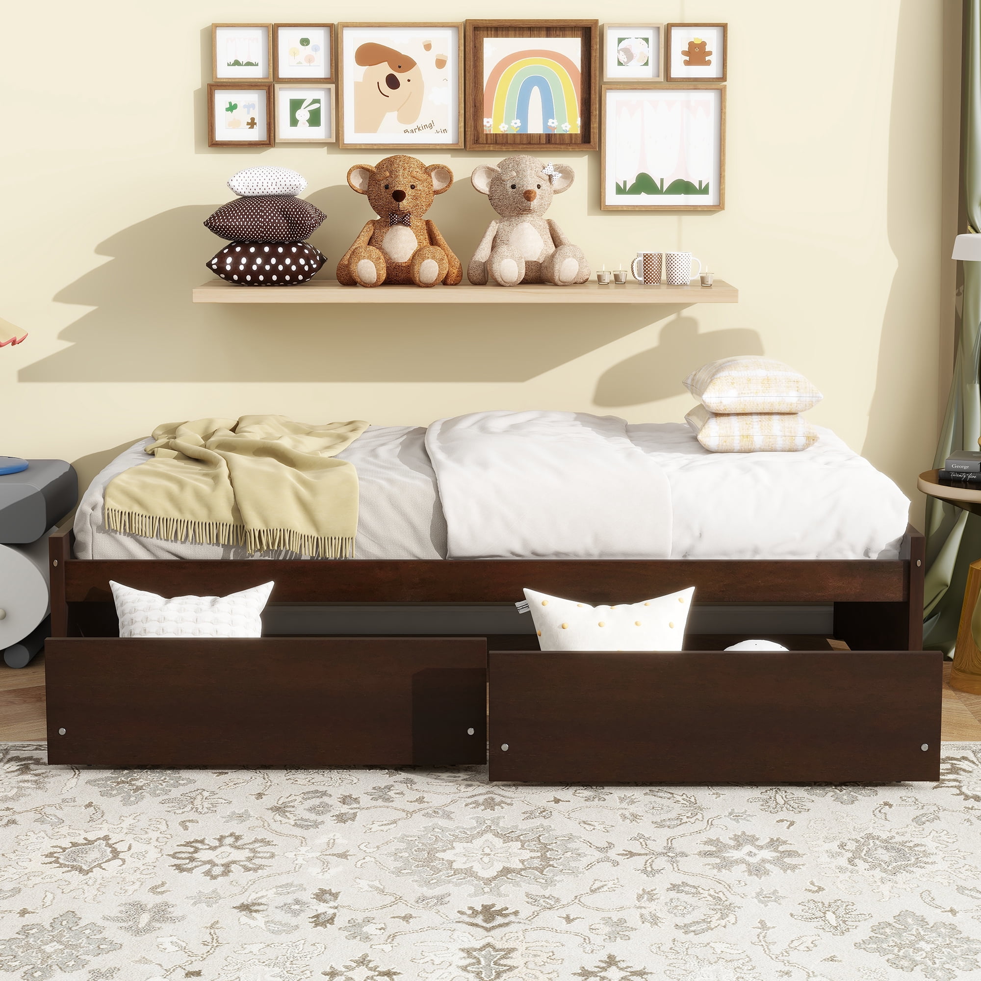 Sailvan Twin Size Bed with 2 Drawers, Solid Rubber Wood Bed