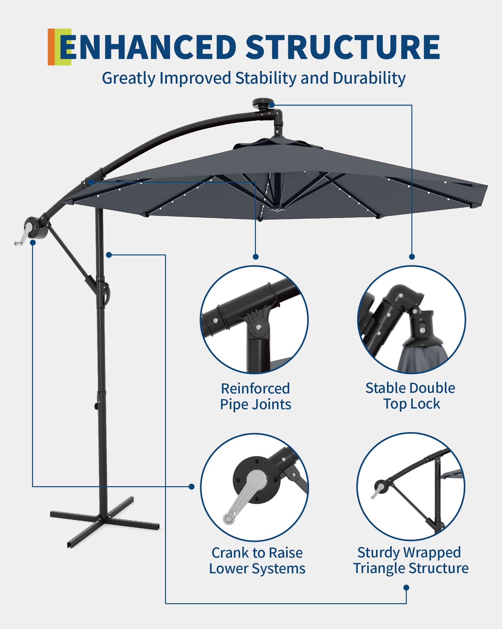 10ft Solar LED Offset Hanging Market Patio Umbrella for Backyard, Poolside, Lawn and Garden w/Easy Tilt Adjustment, UV Protection, Sturdy 8 Ribs - with 32 LED Lights