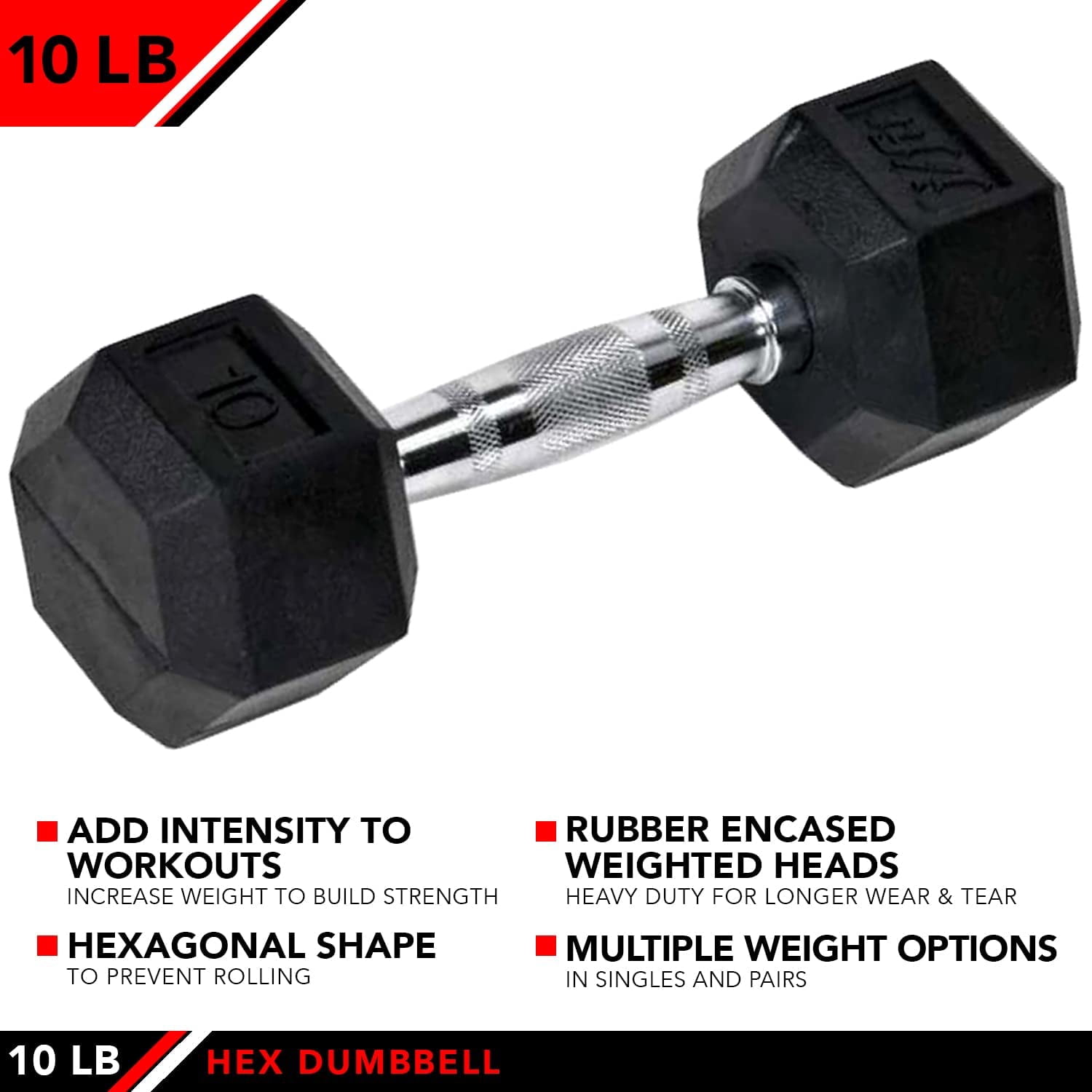 JFIT Rubber Hex Dumbbells - 8 Size Options - Hex Shaped Heads Prevent Rolling and Injury - Ergonomic Hand Weights for Exercise, Muscle, Strength and Weight Training