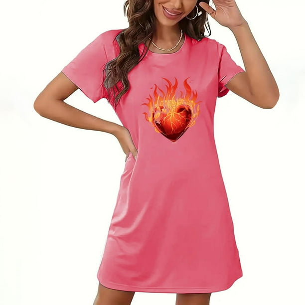 Camisón corto de San Valentín para mujer, talla grande, estampado en el pecho, cuello redondo, manga corta