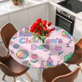 thumbnail image 2 of Children's Day Round Tablecloth 36-44 Inch Round Fitted Table Cloth with Elastic Edge, Airplanes Sailing Boats Tree Cartoon Pink Waterproof Table Cover Protector for Outdoor Picnic Party Dining, 2 of 9