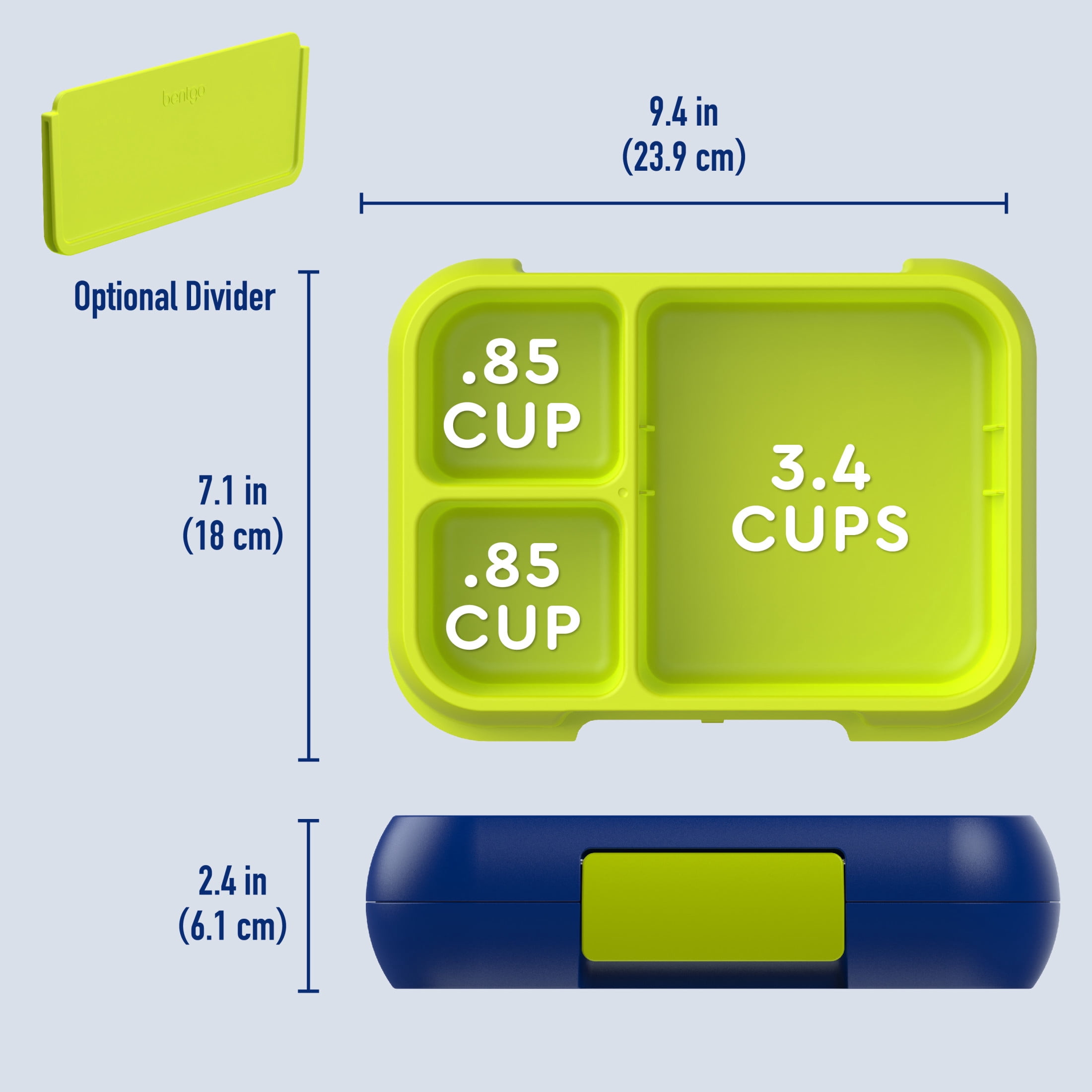 Bentgo® Pop - Leak-Proof Lunch Box & Removable Divider for Ages 8+ & Teens - Lunch Container Holds 5 Cups of Food; 3-4 Compartments; Microwave/Dishwasher Safe; 2 Year Warranty (Navy Blue/Chartreuse)