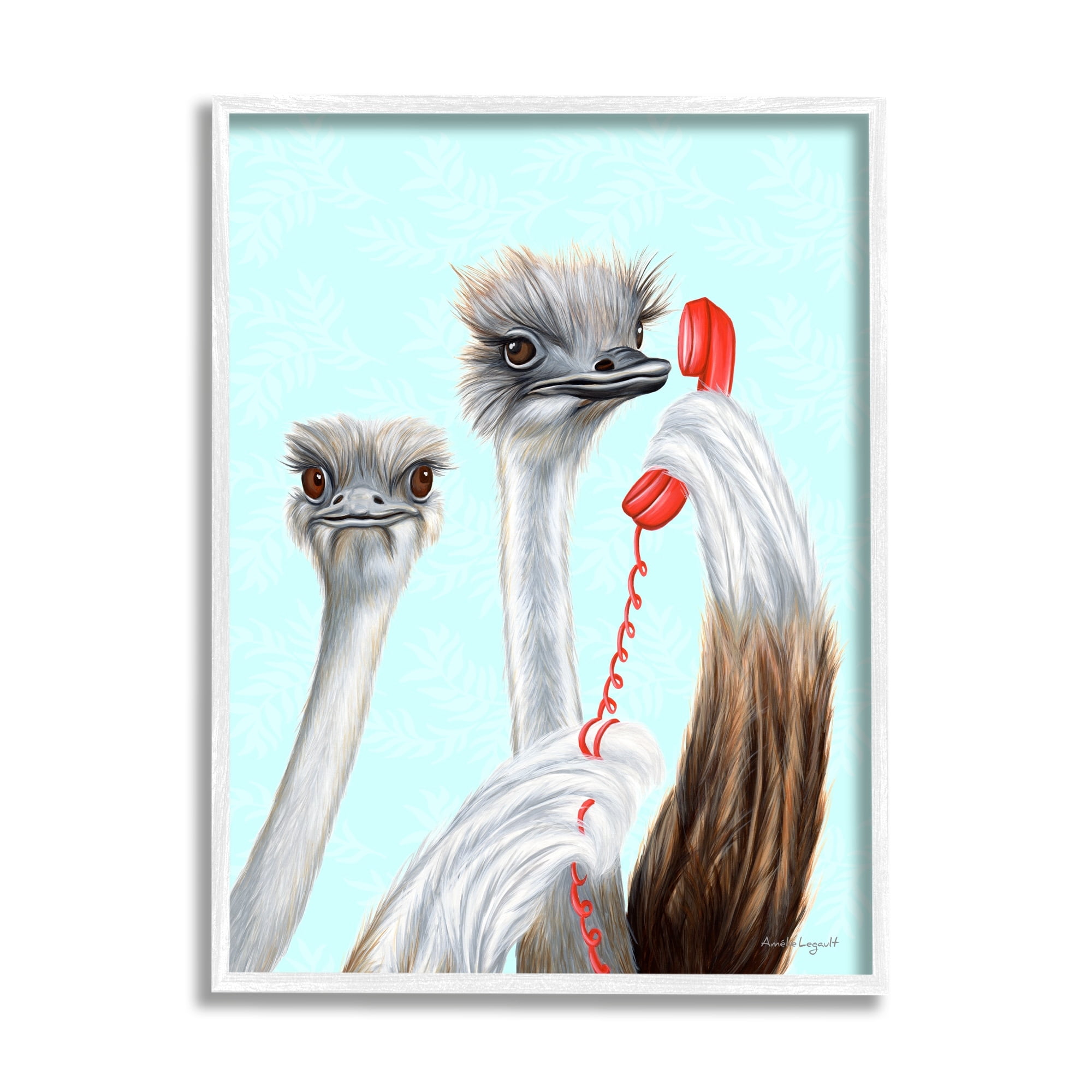 Stupell Industries Detailed Ostrich Birds Talking Red Cord Telephone Graphic Art White Framed Art Print Wall Art, Design by Amelie Legault