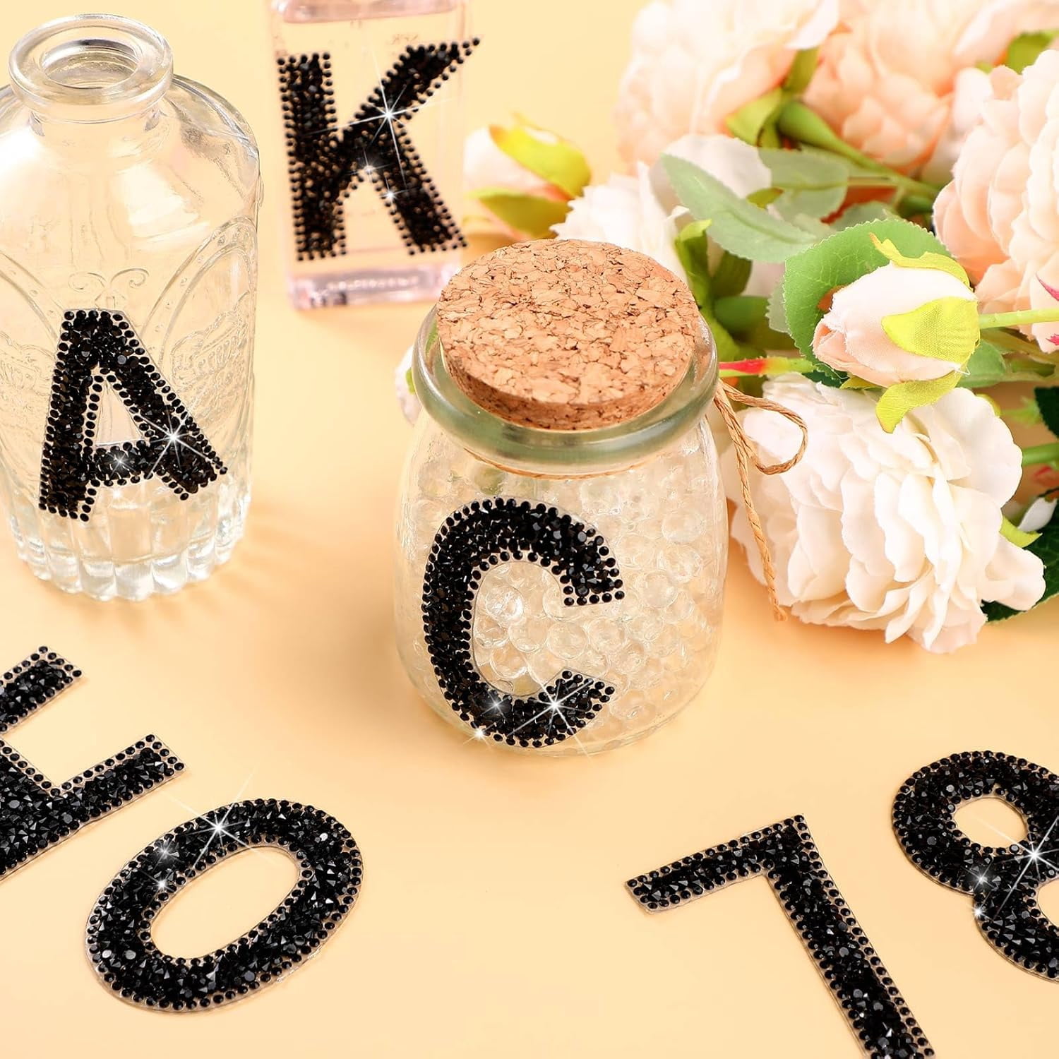 37 Pieces Rhinestone Letter Stickers Large Glitter Alphabet Crystal Number Self Adhesive Bling Stickers Iron on Letters for Art Crafts Clothing DIY Decors(Black,2.56 Inch)