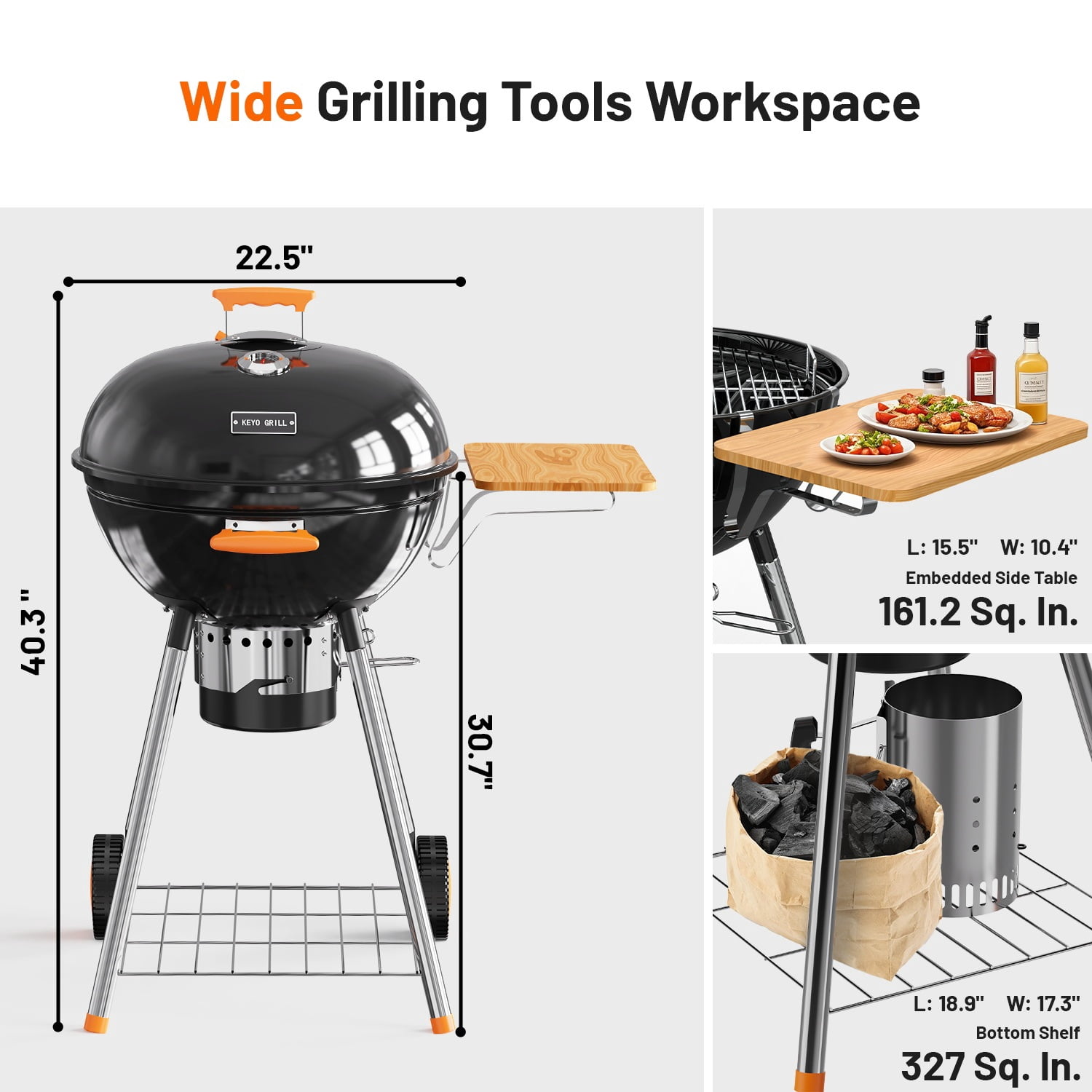 KEYO GRILL 21 in. Kettle Charcoal Grill with Removable Ash Catcher & Side Table, Thermometer, Black