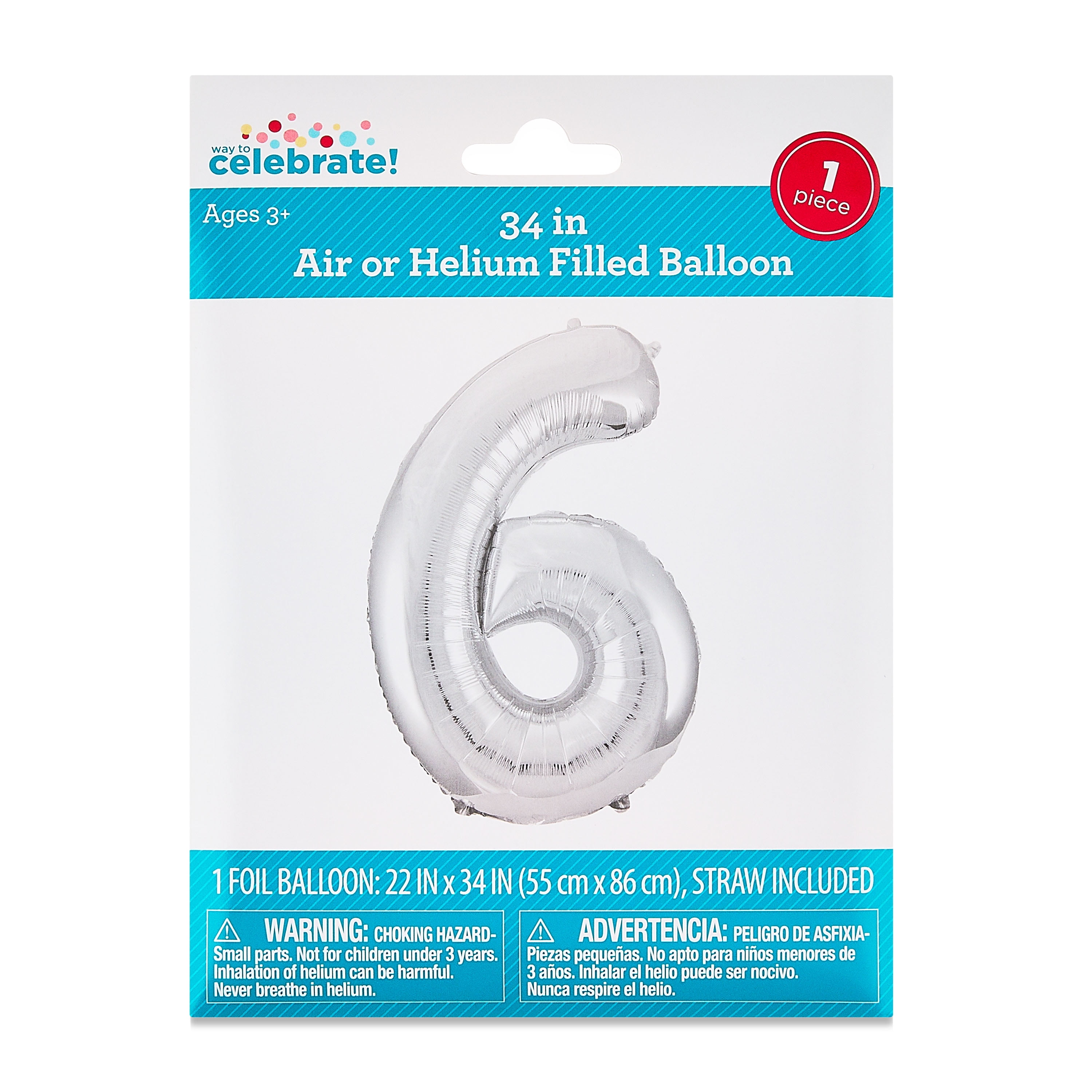 34" Silver Number 6 Foil Balloon, by Way To Celebrate