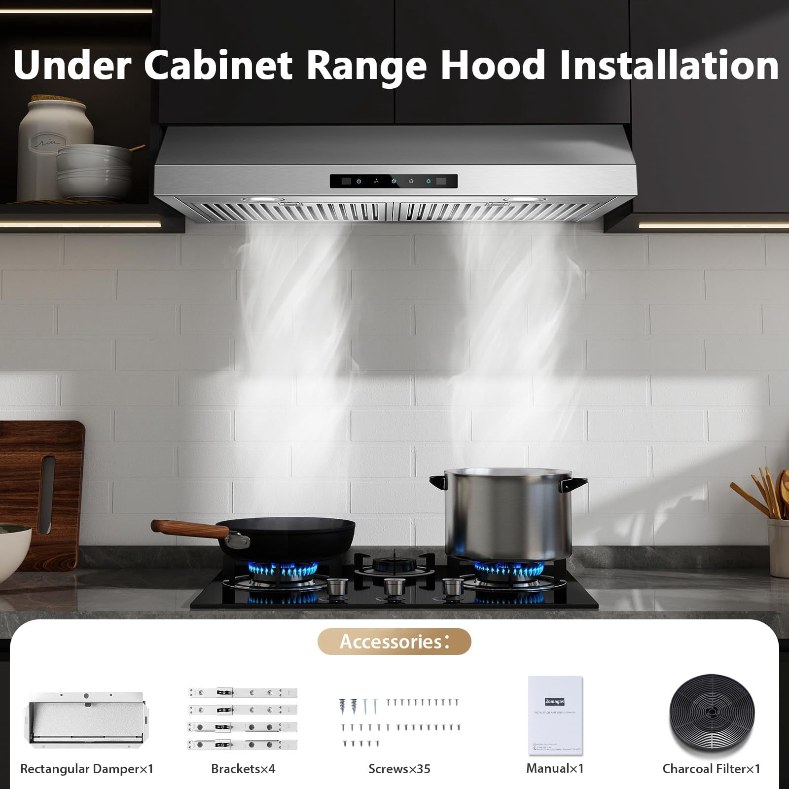 Under Cabinet Range Hood 30 inch, Stainless Steel Kitchen Hood 800CFM, Stove Hood with Push Button Control, Baffle Filters, Ducted/Ductless Convertible Duct