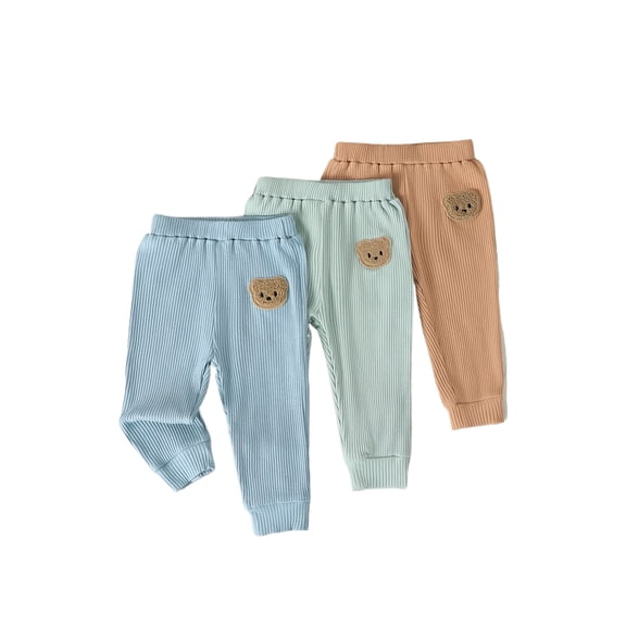 PureChapter 3-Pack Baby Boys Solid Ribbed Knit Bear Patch Pants - Soft Stretch Leggings for 1-18 Months
