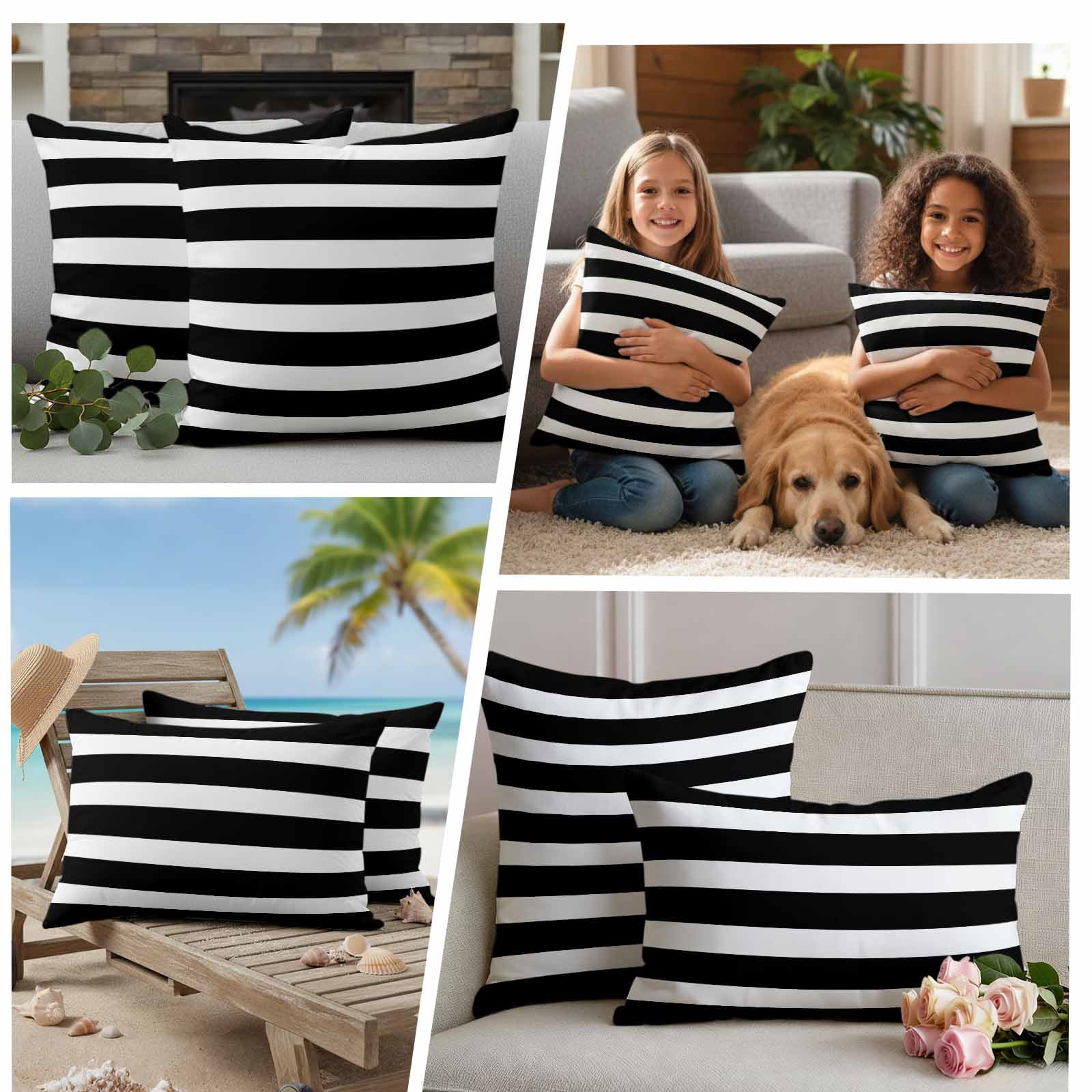 Black Striped Outdoor Waterproof Pillow Covers, Modern Simple Monochrome Geometric White Decorative Square Throw Pillowcase Sofa Cushion Sham for Patio/Couch/Chair, 16"x16" 2 Pack