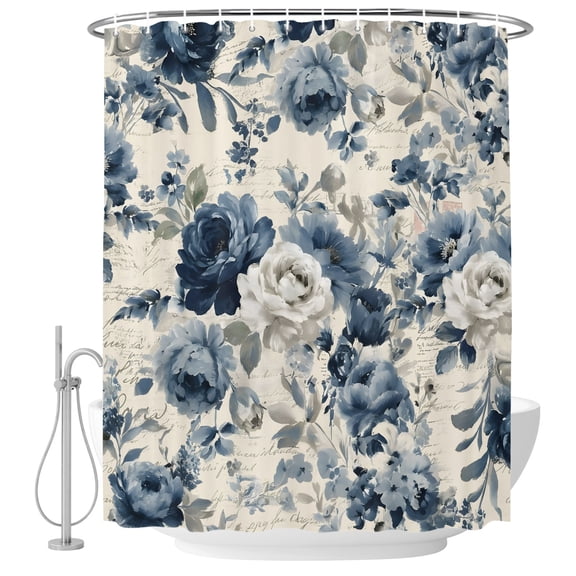 Extra Long Shower Curtain 72x84 Inch, Blue Spring Floral Shower Curtain Waterproof Bathroom Decor, Vintage Flowers Botanical Farmhouse Fabric Bath Curtain Set Accessories with Hooks