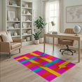 thumbnail image 2 of ODIKA 4'x6' Washable Area Rug Non-Slip, Chair-Friendly, Flatwoven Abstract Pink Checkered Grid Wavy Ribbons Swirls Orange for Home Office, Under Desk, 2 of 7