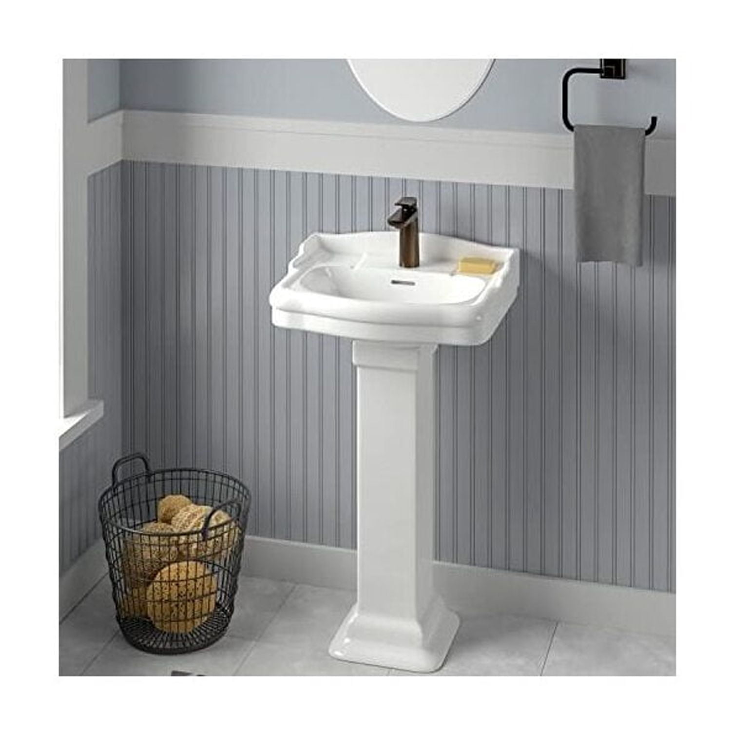 Art Deco Pedestal Sink - 19 Inch Vitreous China Lavatory - Elegant Bathroom Sink with Hardware
