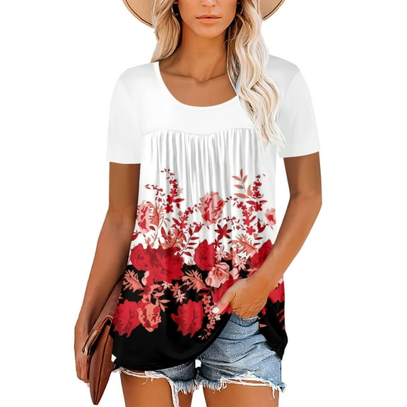 ONLYSHE Short Sleeve T Shirts for Women Loose Fitting Casual Tunic Tops Summer Flower Print Comfy Blouse