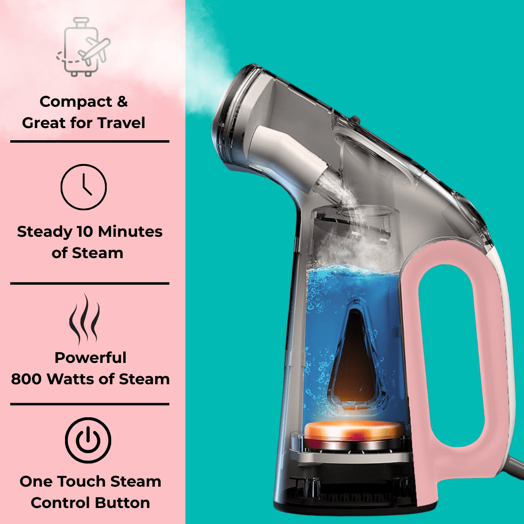 True & Tidy Portable Vertical Fabric Steamer for Home and Travel, Pink