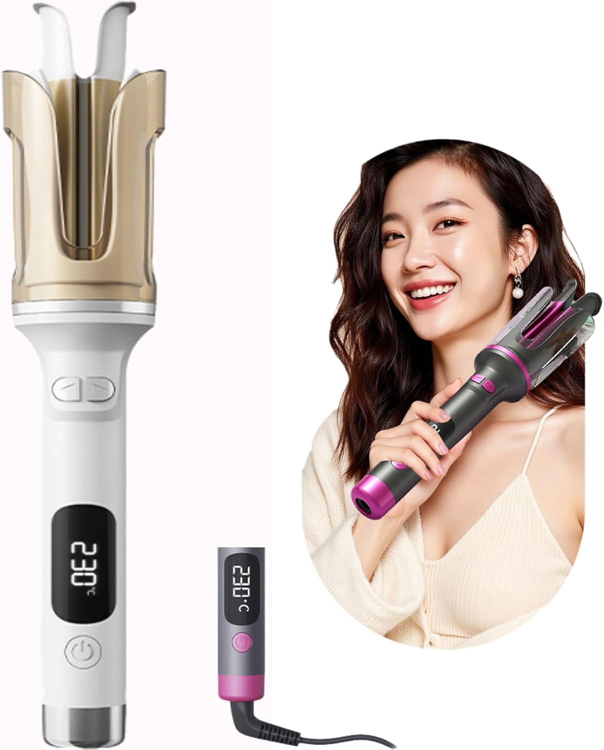 1 Inch Curling Iron Automatic Rotating Long Hair Curler with Digital Display Beach-Waves Curling Wand with 6 Temp, 500 Million Ionic, 100-240v Voltage & Lightweight for Travel (White)