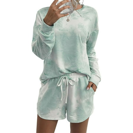 

Womens Casual Loose Pajamas Short Sets Round Neck Tie-Dye Gradient Loungewear Set Long Sleeve Ladies Sleepwear Nightwear Pj Sets 2 Piece Loungewear