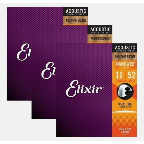 3-Pack! Elixir Custom Light 11-52 Acoustic Phosphor Bronze Nanoweb 16027