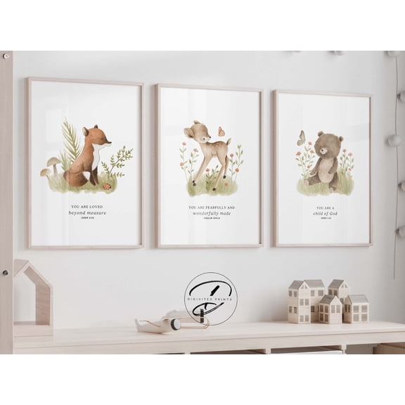 UNFFRAMED Woodland Animal Christian Nursery Decor, Baby Bible Verse Wall Art, Watercolour Print, Scripture Print, Nature Baby Nursery, Forest Nursery Set 3 Prints 8x12