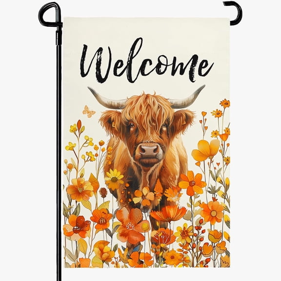 Fall Flower Highland Cow Garden Flag 12x18 Inch Burlap Butterfly Bull Farmhouse Rustic Outdoor Home Decor