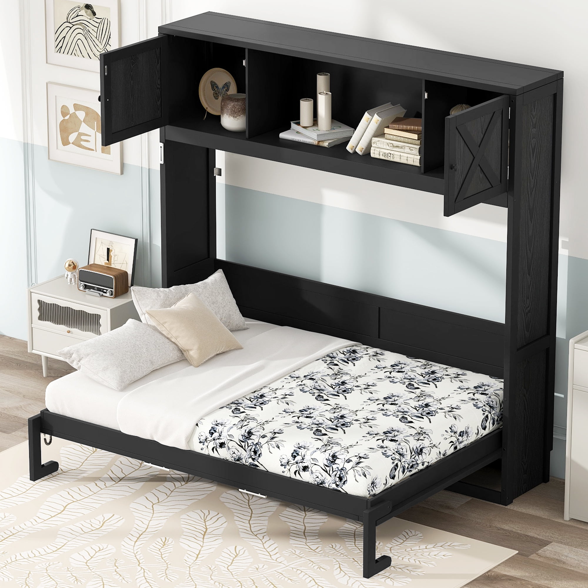 Euroco Full Size Murphy Bed with Cabinet, Storage Wall Bed for Guest Room, Black