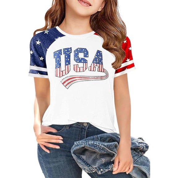 CONZONE Independence Day Girls Tshirts Short Sleeve Fourth Of July T Shirts For Girls Star Striped Usa Graphic Crew Neck Patriotic 250Th Anniversary Chlidren Spring Summer Tops