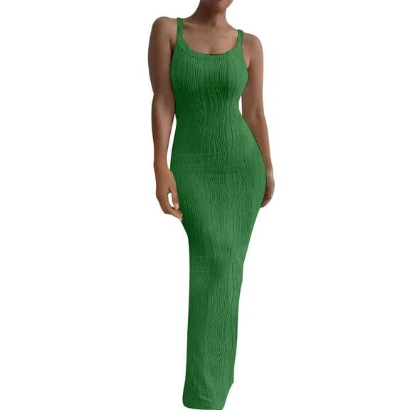 Womens 2025 Summer Maxi Dress Spaghetti Strap Knit Slip Bodycon Dress Scoop Neck Cocktail Party Long Dresses