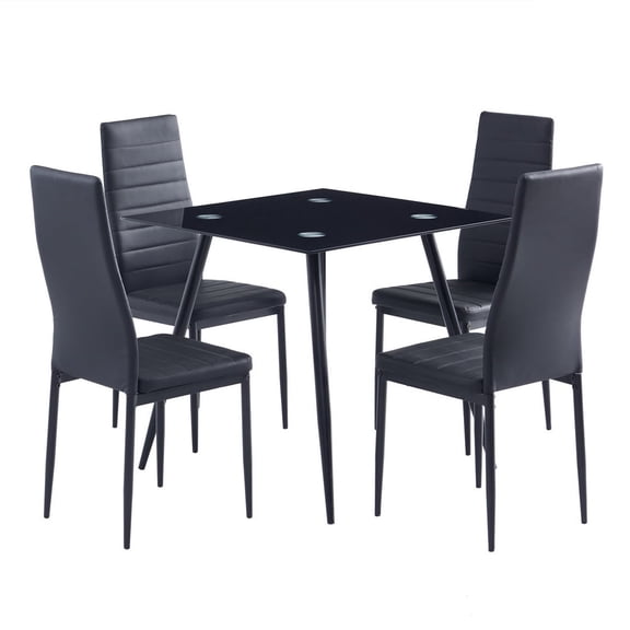 4 Pack Black High Back PU Dining Chairs Ergonomic Stripped Texture Upholstered Dining Room Chairs Sturdy Iron Frame Easy to Assemble Kitchen Side Chairs