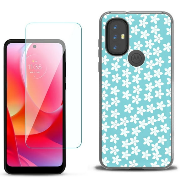Slim-Fit Gel TPU Phone Case for Motorola Moto G Power 2022, with Tempered Glass Screen Protector, by OneToughShield ® - Flower/Teal