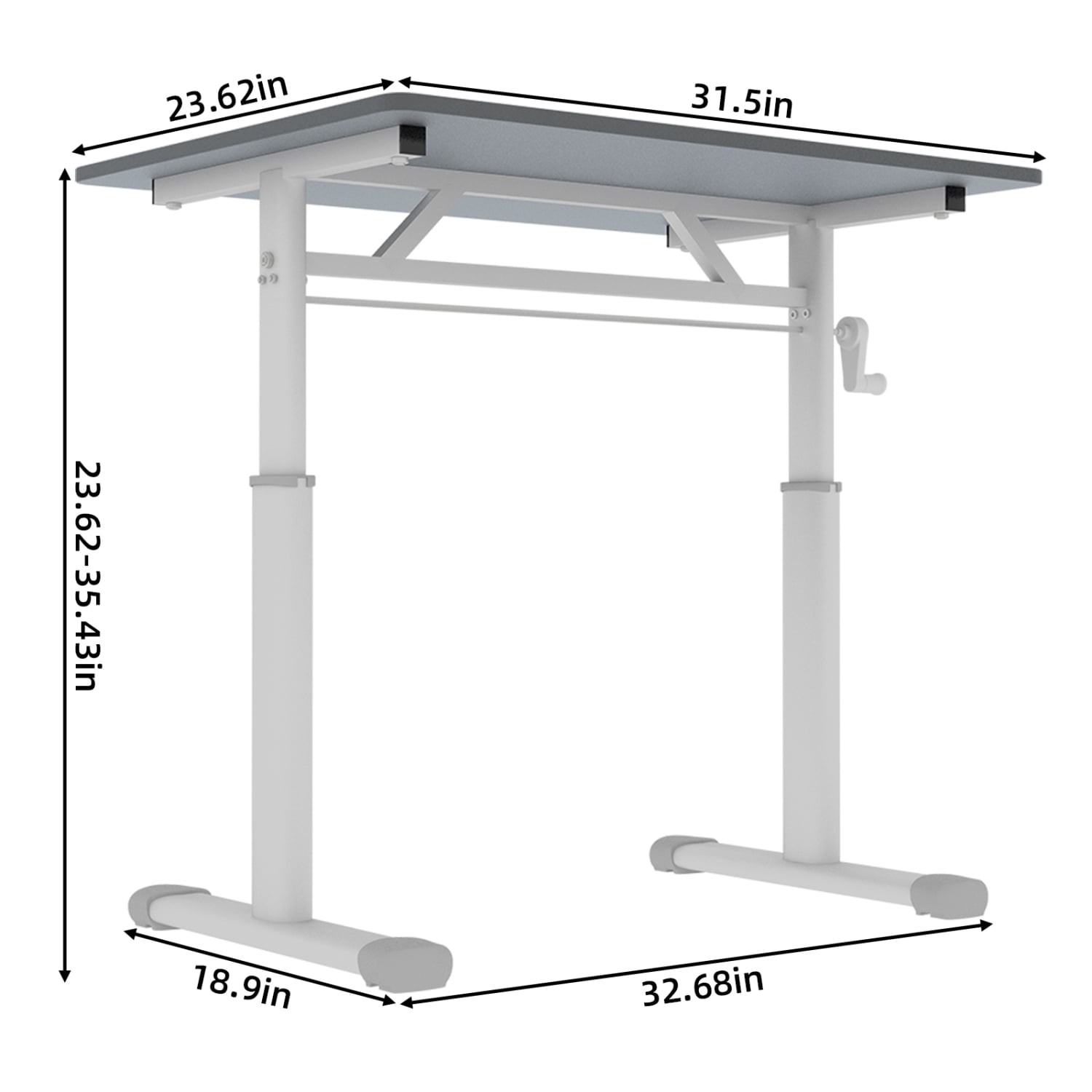 Lisonu Adjustable Standing Desk, Manual Hand Crank Sit-Stand Workstation, 33x24 Inch Home Office Computer Desk, Ergonomic Study Table with Grey Wood Top and White Iron Frame