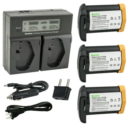 [Fully Decoded] Kastar 3-Pack 11.1V 4400mAh LP-E4N Battery and AC LCD Dual Fast Charger Compatible with Canon LP-E4 LPE4N Battery LC-E4 LC-E4N Charger Canon EOS 1D Mark III Mark 3 EOS 1Ds Camera