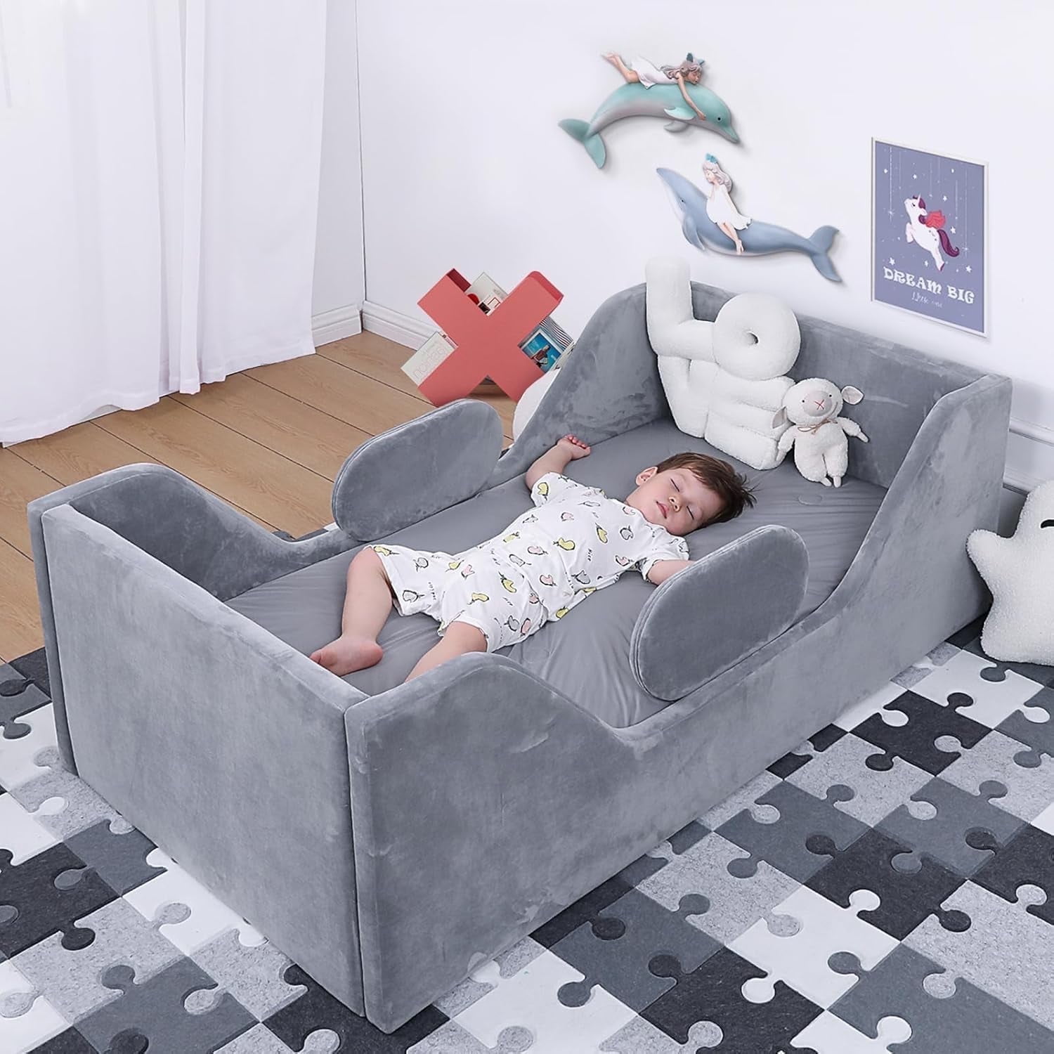 Toddler Bed, Child Bed for Kids with Extra Safty Broad, Standard Crib Size Toddler Bed, Certified Fabric Toddler Beds,Toddler Flood Bed