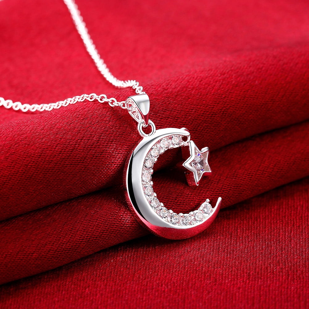 Moon and Star Pendant Necklace Silver Plated With Quality Crystals