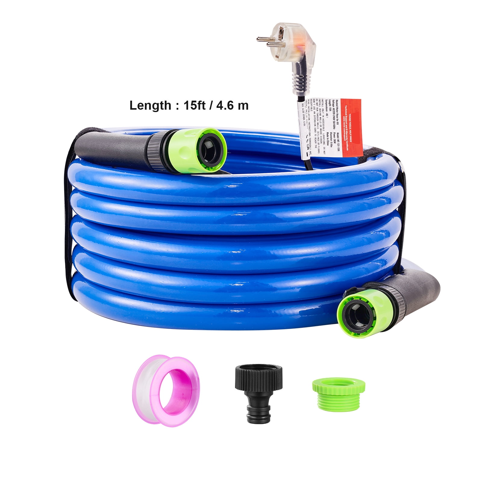 KFFKFF 15ft RV Heated Water Hose, Prevents Freezing Down to -45°F, Self-Regulating, 5/8" Inner Diameter with 3/4" GHT Adapter, Free from Lead and BPA
