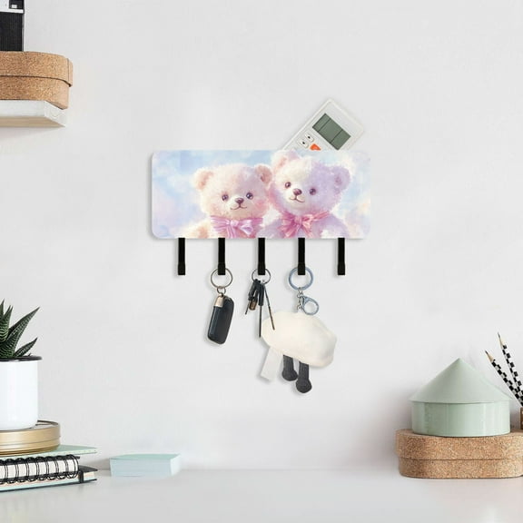 Teddy Bears Pink Bows Key Holder for Wall Mail Holder Organizer with 5 Key Hooks Wall Mount Key Rack with Shelf