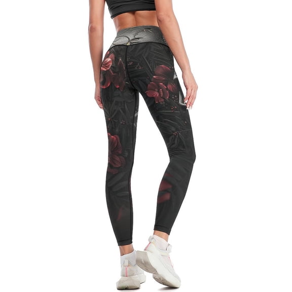 Dark Skull Flower High Waisted Leggings for Women Regular & Plus - No See Through Tummy Control Cycling Workout Yoga Pants without Pockets S